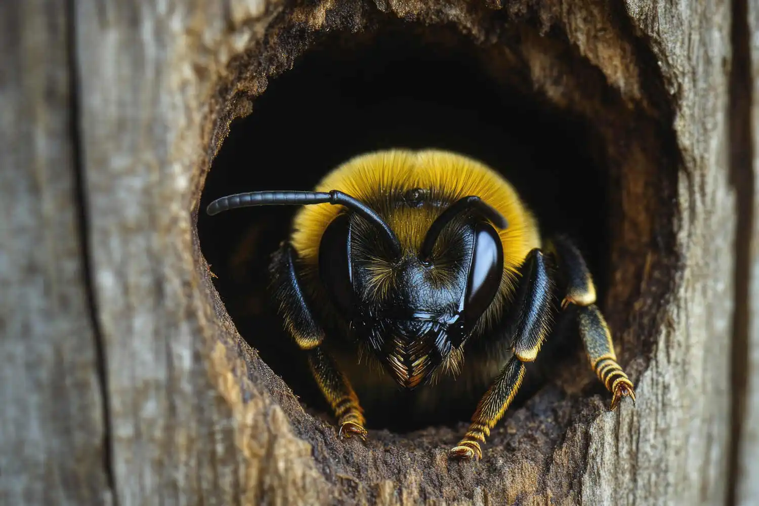 Macro shot of a female broad-faced mining bee with yellow pollen