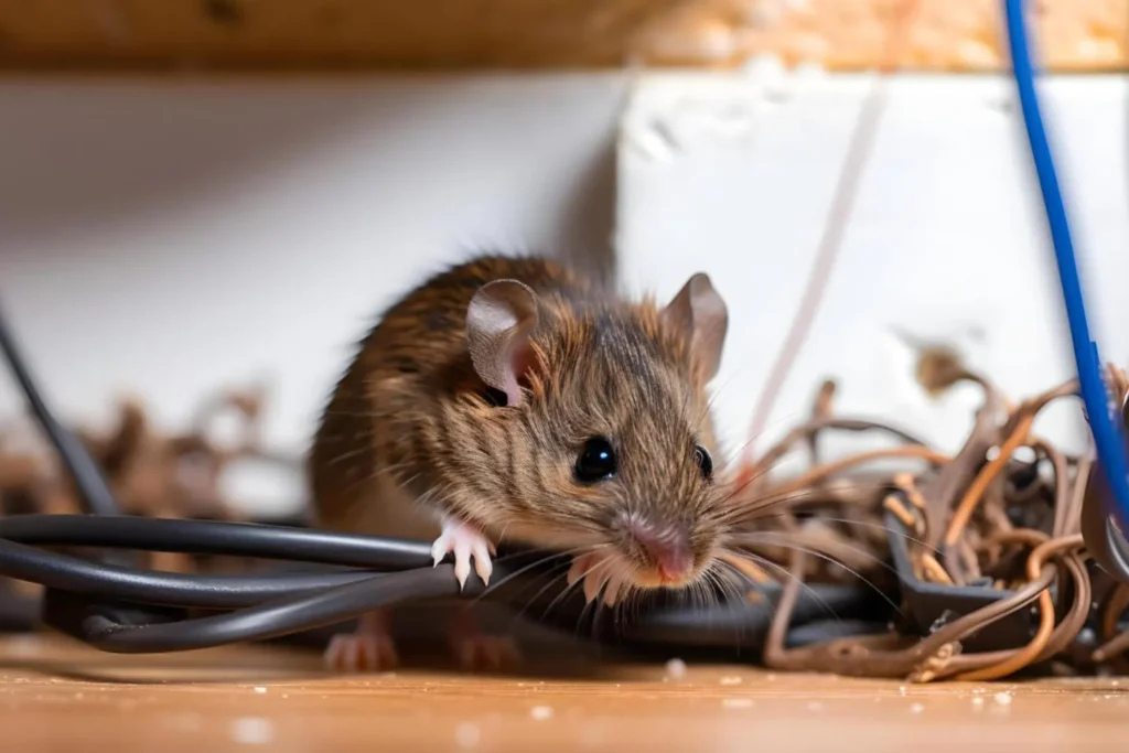 Rodent infestation causing damage to home electrical wiring requiring pest control concept pest control rodent infestation home damage electrical wiring prevention measures