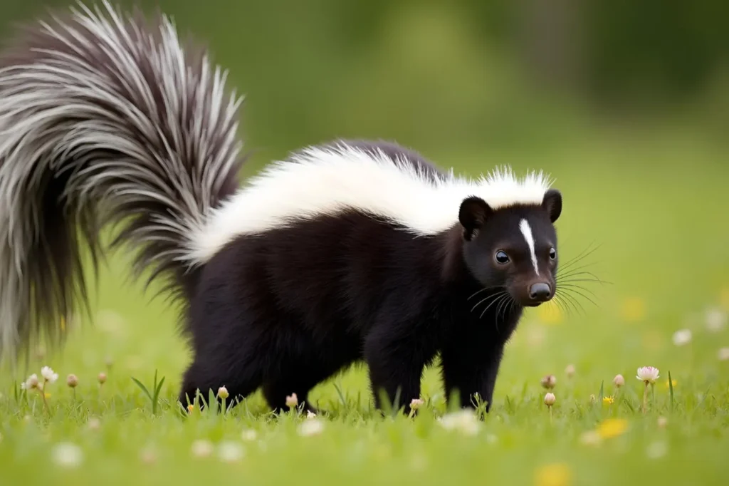 A black and white animal with a fluffy tail stands in the grass